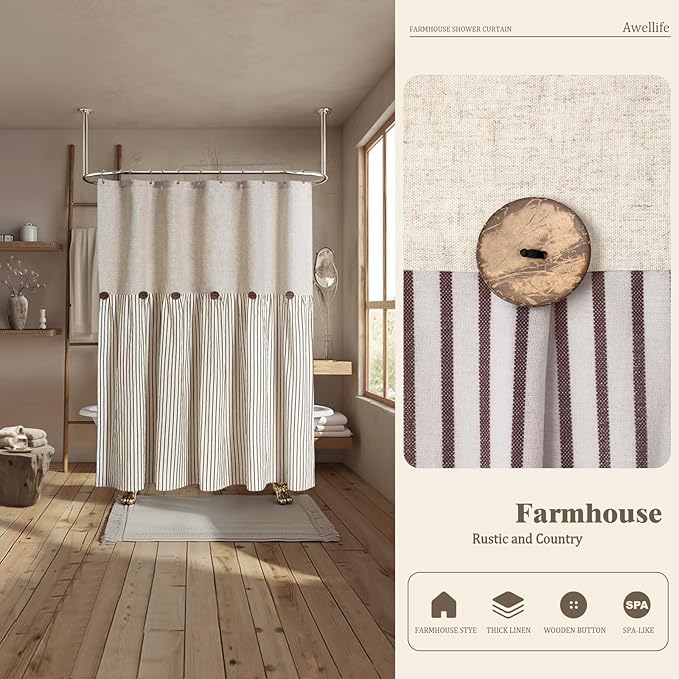 Awellife Farmhouse Beige Shower Curtain Button Linen Textured Woven Fabric,Pleated Beige Stripe,Country Style,72" W x 96" L