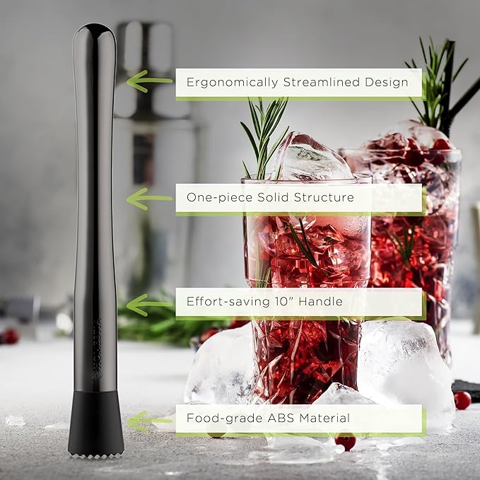 Homestia 3Pcs Black Muddler & Mixing Tools Set, 10'' Muddler, 12'' Cocktail Spoon and Double Jigger, Bar Tool Set for Beverages, Bar Accessories Tools for Mojitos Fruit Drinks (Black)