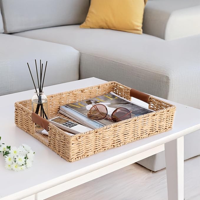 Rattan Organizer with Leather Handles – Decorative Wicker for Home Decor – Versatile Storage & Serving Solution for Kitchen and Living Room (Medium-Rectangle)