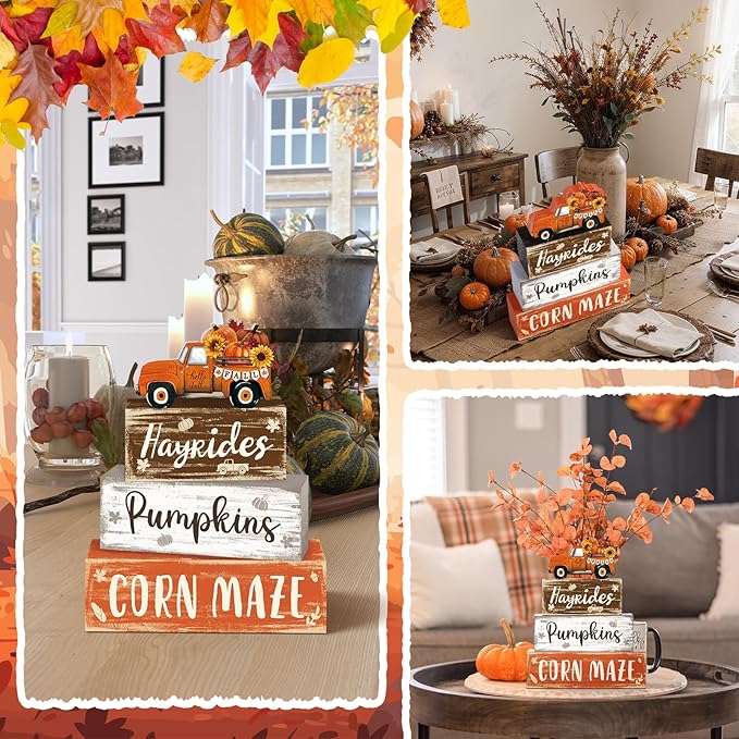 4 Pcs Fall Decor for Home Truck Pumpkin Wooden Signs with Sayings Autumn Thanksgiving Tiered Tray Decor Fall Hay Ride Tabletop Centerpiece Corn Maze Block Signs for Office Kitchen Shelf