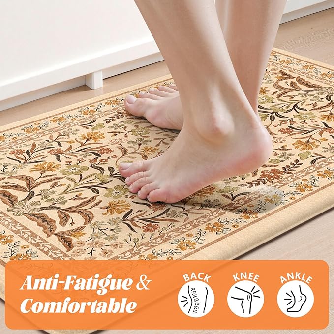 Collive Kitchen Mats for Floor, Cushioned Anti Fatigue Mat Non Skid Waterproof Kitchen Rugs Set of 2, Fall Orange Floral Comfort Standing Rug for Sink, Laundry, Home Decor, 17"x29"+17"x47"