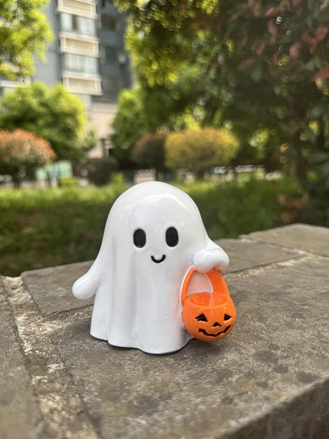 Halloween Ghost Figurine with Pumpkin Bucket, Resin Polished Cute Ghost Statue, Small Tabletop Halloween Ghost Decor for Home, Office, Tiered Tray, Fall Spooky Party Ornament
