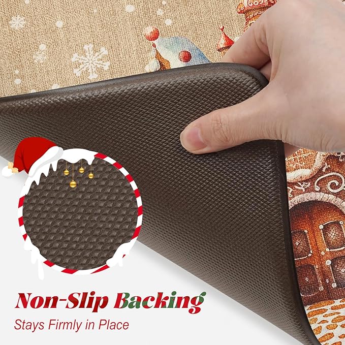 Merry Christmas Kitchen Mats for Floor, Xmas Gingerbread House Cushioned Anti Fatigue Kitchen Rugs 2 Piece, Non Slip Comfort Standing Rug Waterproof Sink Mat for Desk Laundry Office, Light Khaki