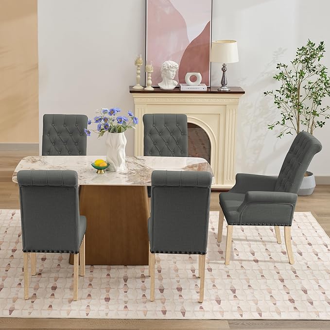 AODCHR Upholstered Fabric Accent Dining Chair Set of 5, Elegant Tufted Dining Room Chairs, Kitchen Room 1 Arm with 4 Armless, Dark Grey