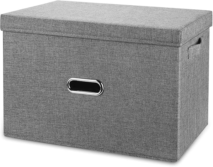 Linen Fabric Collapsible Storage Bins with Removable Lids and Handles, Washable Storage Box Containers Baskets Cube with Cover for Bedroom,Closet,Office,Living Room,Nursery (Grey, Small)
