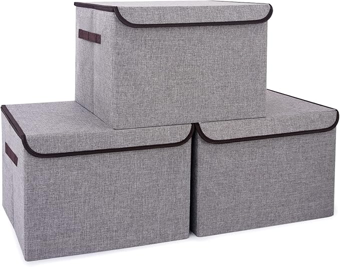 Large 17" 42 Quarts Collapsible Stackable Storage Bins with Lids [3-Pack] Foldable Fabric Linen Storage Boxes Cube, Closet Organizer Baskets with Label for Home (16.7 x 12 x 12, Gray)