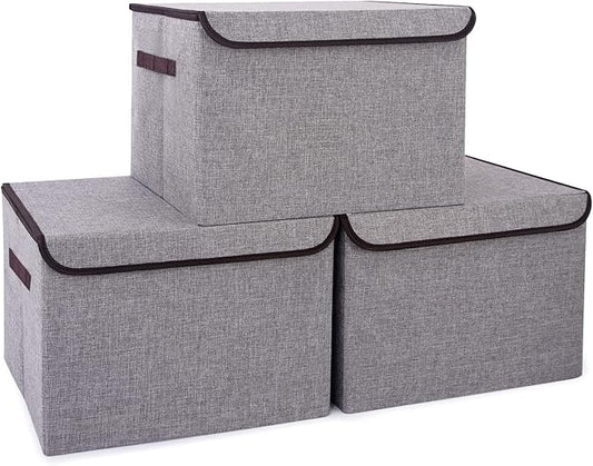 Large 17" 42 Quarts Collapsible Stackable Storage Bins with Lids [3-Pack] Foldable Fabric Linen Storage Boxes Cube, Closet Organizer Baskets with Label for Home (16.7 x 12 x 12, Gray)