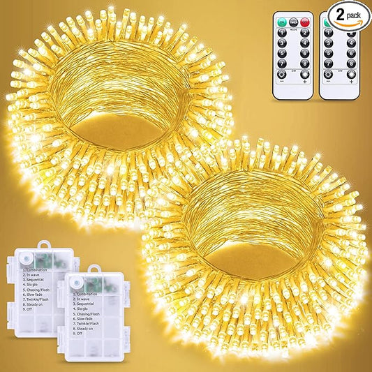 JMEXSUSS 2 Pack Battery Operated Christmas Lights with Remote, Total 66ft 200 LED Battery String Lights Outdoor Indoor, Warm White Twinkle Light for Christmas Tree Bedroom Porch Garland Yard Decor