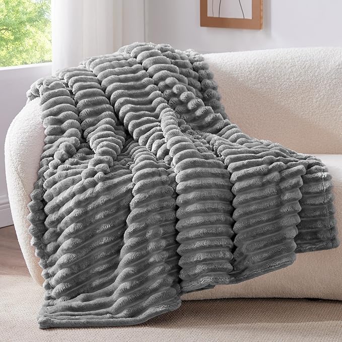 BEDELITE Fleece Throw Blanket for Couch - 300GSM Soft & Warm Fluffy Grey Blanket, Decorative and Giftable Striped Blankets for Women, Men, 50"x60"