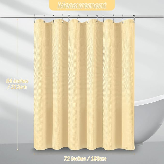 84 inch Long Shower Curtain Waffle Textured Beige Fabric Shower Curtains, 256GSM Heavy Duty Weighted Shower Curtains, Hotel Quality Luxury Polyester Bathroom Curtain with 12 Hooks
