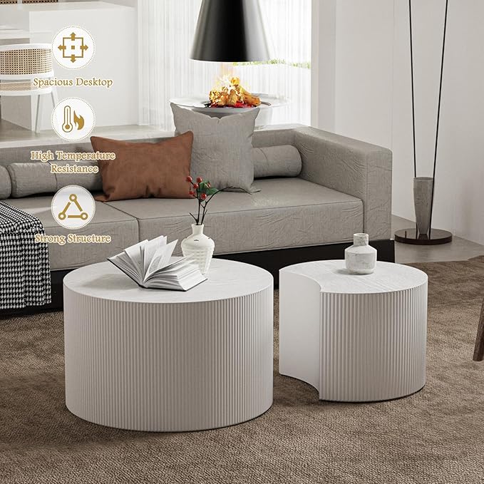 Round Coffee Table Set of 2 Modern Nesting Coffee Tables Wooden Drum Coffee Tables with Non-Slip Feet, Circle Nesting Tables End Table for Living Room Office, No Assembly (Cream 27.56"+19.69")