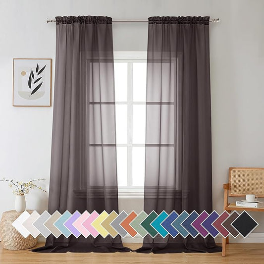 Aiyufeng Chocolate Brown Sheer Curtains 90 Inches Long 2 Panels, Solid Voile Rod Pockets Stylish Breathable Drapes Window Treatment for Kid's Room/Bedroom/Living Room, 42W x 90L, Chocolate Brown