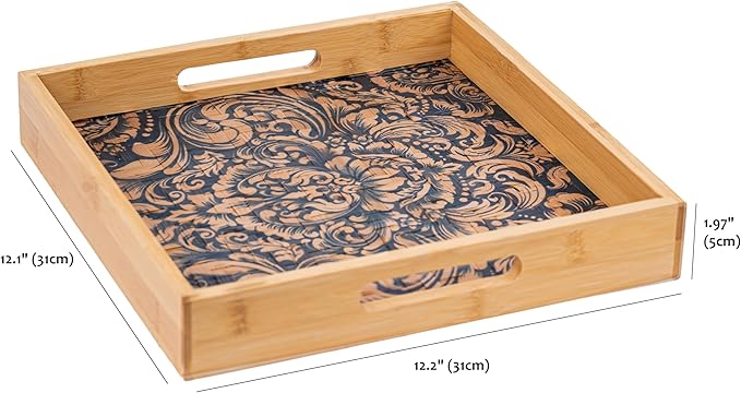 PEMAR 12.2" Square Bamboo Art Decor Tray with Handle, Food Drink Serving Tray for Breakfast Lap Bed Eating. Pattern Printed on Bamboo. Decorative Catchall Coffee Table Entryway Nightstand (Damask)