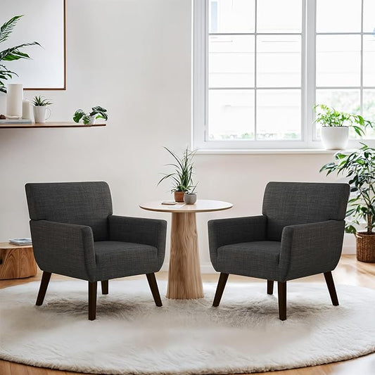 Upholstered Accent Chair,Mid Century Modern Office Fabric Small Living Room Chair with Arm,Comfy Wingback Armchair for Bedroom Reading (Grey, 2 PC)