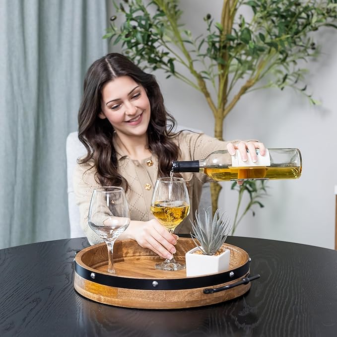 16" Large Round Ottoman Tray, Heavy Duty Mango Wood, for Serving Tea, Breakfast in Bed, Living Room Large Coffee Table Tray Rustic with Farmhouse Style, Decorative Handles and Accent Strap