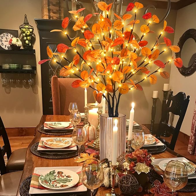 3Pcs Lighted Eucalyptus Leaves Branches, 30” Timer Fall Eucalyptus Stems with Lights,60 LEDs Battery Operated Fall Lighted Tree Branches for vases Home Wedding Table centerpieces Thanksgiving