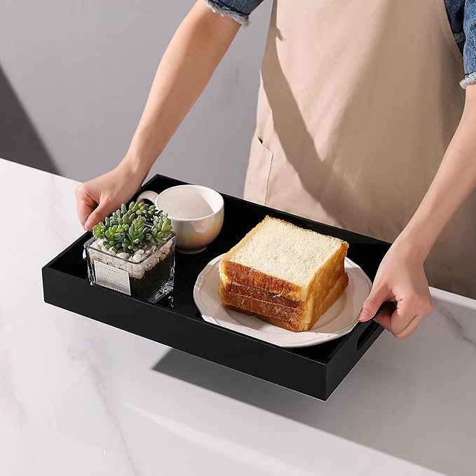 Glossy Black Sturdy Acrylic Serving Tray with Handles-12x20Inch-Serving Coffee,Appetizer,Breakfast,Butler-Kitchen Countertop Tray-Makeup Drawer Organizer-Vanity Table,Ottoman Tray-Decorative
