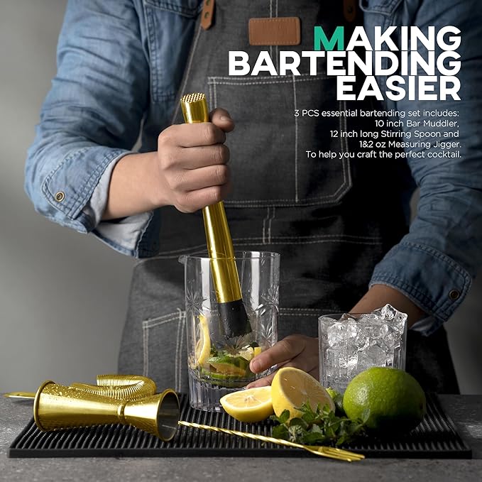 Homestia Muddler for Cocktails Set, 304 Stainless Steel 10" Bar Muddler &12" Cocktail Spoon & Double Jigger, 3 PCS Cocktail Set for Margaritas, Mojitos and Fruit Drinks Bar Tool Set (Gold)
