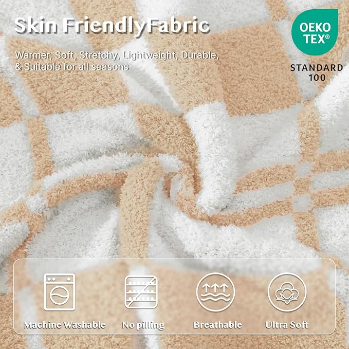 WRENSONGE Checkered Throw Blanket, Toast Almond Soft Cozy Fluffy Warm Hand Made Throw Blankets for Couch, Sofa, Chair, Bed, Camping, Picnic, Travel Lightweight Bed Blanket - 50"*60"