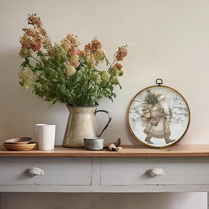 QZQE Vintage Christmas Santa Round Wall Art Decor Framed, Antique Christmas Circle Canvas Prints, Rustic Winter Neutral Xmas Santa Circular Wall Hanging Decor for Home Bedroom Living Room, 10x10 Inch