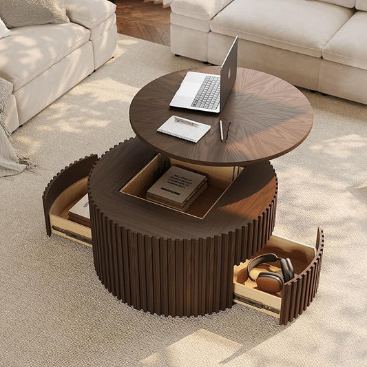 POVISON Round Coffee Table with Storage, Lift Top Coffee Table for Living Room, 31.65" Fluted Mid Century Modern Center Table for Home, Office, Walnut, Fully Assembled