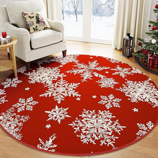 Round Area Rug 4ft Red Christmas Entryway Carpet 4x4 Circle Rug Snowflake Indoor Kitchen Washable Door Mat Living Room Carpet Decorative Holiday Decor Dining Room Bathroom