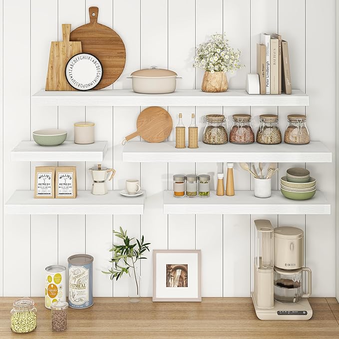 Fun Memories 32Inch Floating Shelves, 9.3Inch Deep Rustic Wall Shelves - Extra Deeper & Thicker Wall Mounted Storage Shelf for Kitchen, Farmhouse - Set of 2 - Rustic White