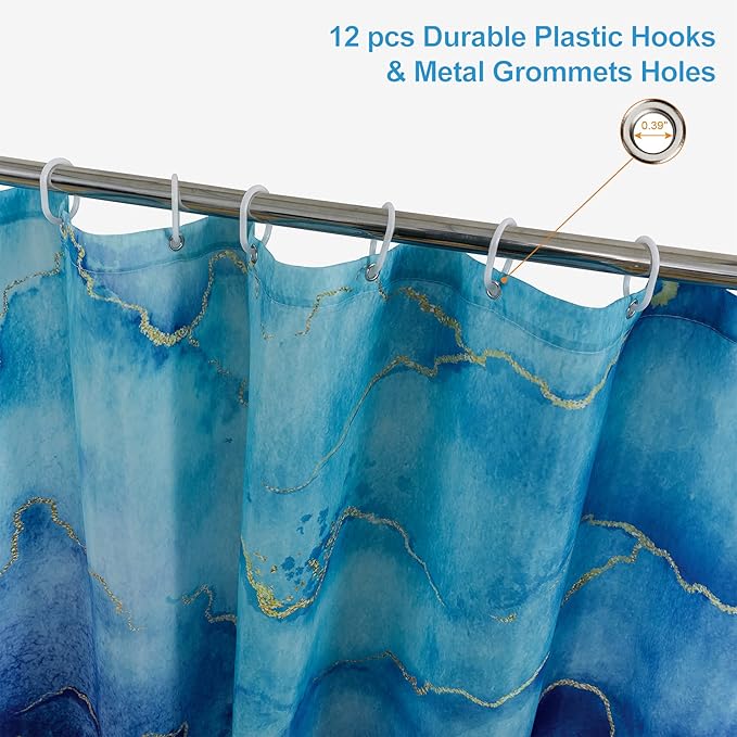 Marble Shower Curtain, Blue Marble Shower Curtain Set with 12 Hooks, Abstract Luxury Blue Marble with Gold Veins Texture Shower Curtains for Bathroom, Waterproof Fabric, 72" W X 72" L