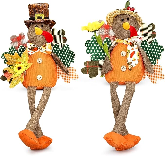 Turkey Decorations Indoor- Thanksgiving Decorations for Home, Office - Stuffed Turkey Animal Plush Doll Figurines - Pilgrim Decor for Autumn, Harvest Tabletop Centerpieces Ornaments Shelf Sitters