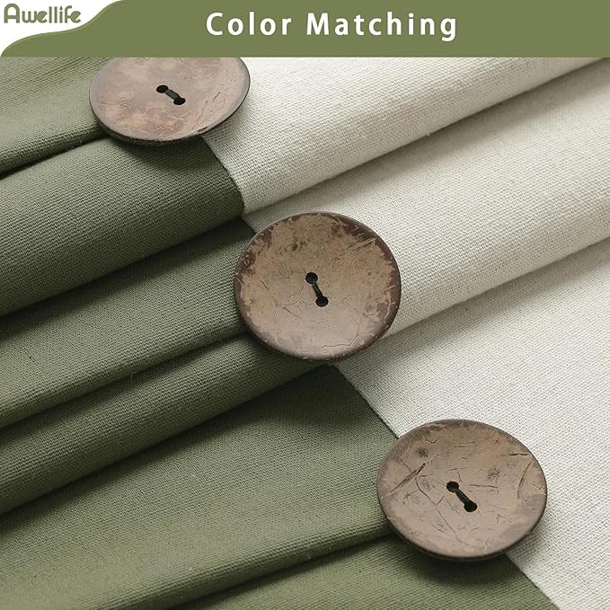 Awellife Farmhouse Cream Shower Curtain Button Linen Textured Woven Fabric,Country Style (Cream & Green, 72" W x 72" L)