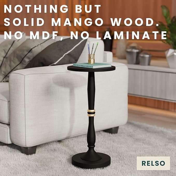 Relso Sceptrum Solid Wood Black Side Table – 24" Tall Round End Table, Narrow Accent for Living Room or Bedroom, Plant Stand or Drink Table, Compact Pedestal Table for Small Spaces | Easy Assembly