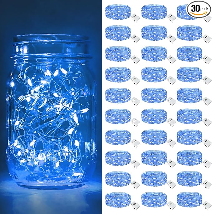 btfarm 30 Pack Fairy Lights Battery Operated [3 Modes], 7ft 20 Led Twinkle Lights String Lights Waterproof Bulk Small Mini Silver Wire for Mason Jars Vases Wedding Table Centerpiece, Blue