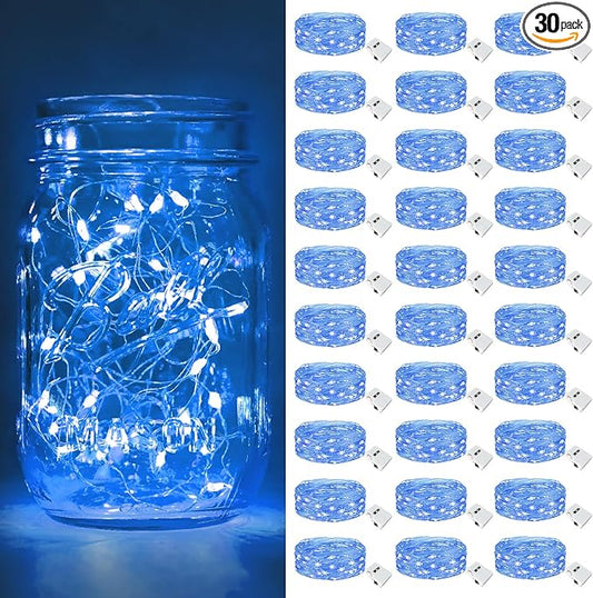 btfarm 30 Pack Fairy Lights Battery Operated [3 Modes], 7ft 20 Led Twinkle Lights String Lights Waterproof Bulk Small Mini Silver Wire for Mason Jars Vases Wedding Table Centerpiece, Blue
