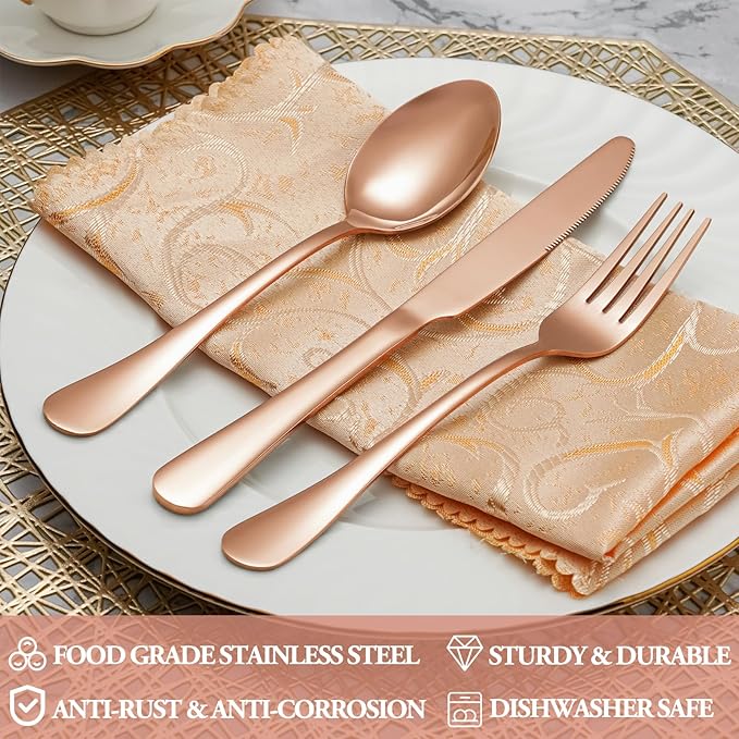 40 Pcs Rose Gold Silverware Set Service for 8, Premium Stainless Steel Flatware Set, Cutlery Utensil Set, Durable Home Kitchen Eating Tableware Set, Include Fork Knife Spoon Set, Dishwasher Safe