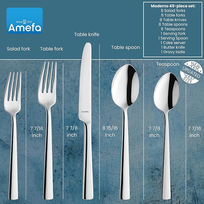 Amefa 45-Piece Silverware Flatware Cutlery Set Service for 8, Durable 18/10 Stainless Steel High Gloss Mirror Finish, tableware in Ergonomic Design Size and Weight, Dishwasher Safe (Moderno)