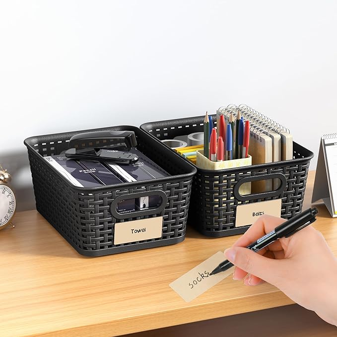 Black Plastic Storage Baskets - Pack of 8 with Labels Stackable Durable Storage Bins, Storage Containers for Organizing Desktops, Closets, Playrooms, Classrooms, Offices