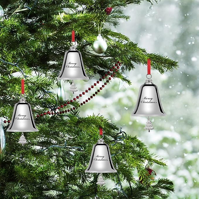 Styleonme Decorative Bells, Christmas Ornaments 2024, Engraved It's Merry Christmas 2024, Silvery Bells Decoration with Pendants Tree