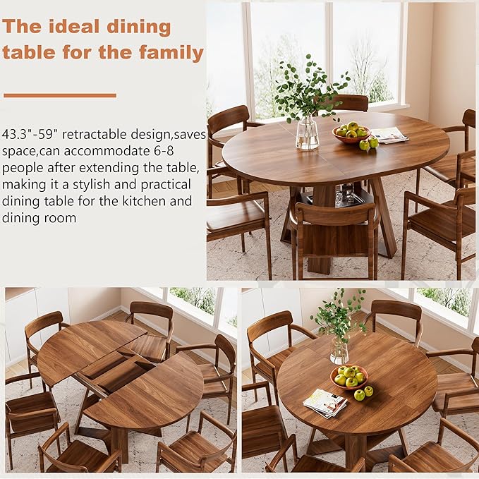 43.3in-59in Extendable Round Dining Table for 4-6,Modern Kitchen Oval Dining Table with Removable Leaves Space Saving,Wood Base with Storage Shelf for Kitchen Living Room