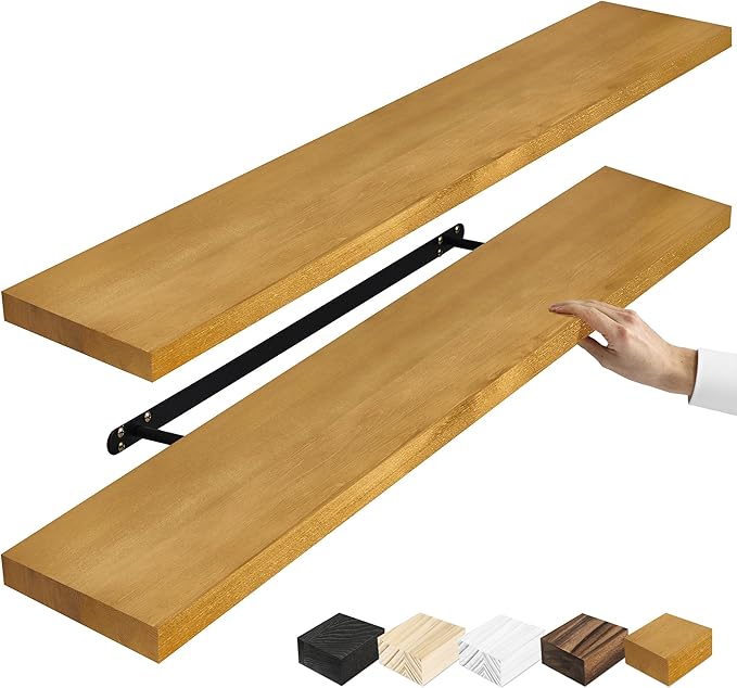 Sorbus 35' Maple Wood Floating Shelves - Set of 2, Solid Pine, Wall Mounted, Rustic Style, Bathroom & Bedroom