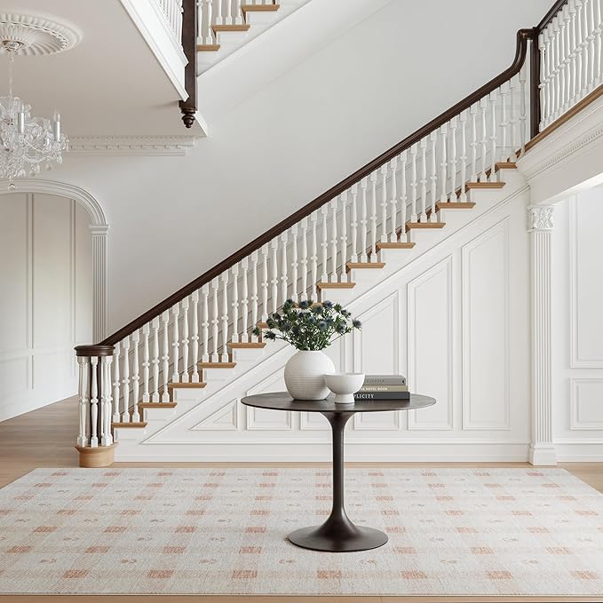 Dash & Albert Zale Peach Machine Washable Rug, 3 X 5 Feet, Oranges/White Plaid Pattern