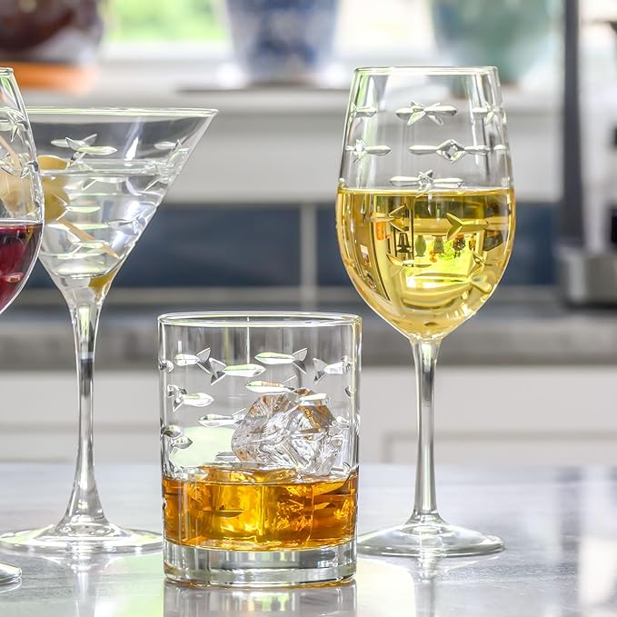 Rolf Glass School of Fish 13oz Double Old Fashioned Glass | Whiskey Glass Set of 4 | Lead-Free Glass | Engraved Tumbler Glasses | Designed and Engraved in the US