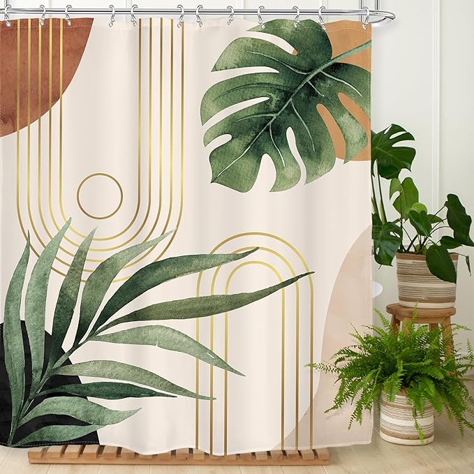 Glawry Boho Sage Green Shower Curtain 60Wx72L Inches, Abstract Bohemian Mid Century Bathroom Curtains, Plant Botanical Palm Leaf Cute Decor Fabric Shower Curtain Set Bathroom Rugs Waterproof 12 Hooks