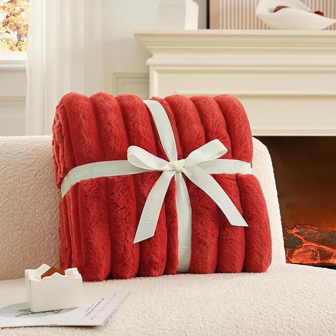 Cozy Bliss Faux Fur Throw Blanket for Couch, Cozy Warm Plush Striped Blanket for Sofa Bedroom Living Room, 60 * 80 Inches Cardinal Red