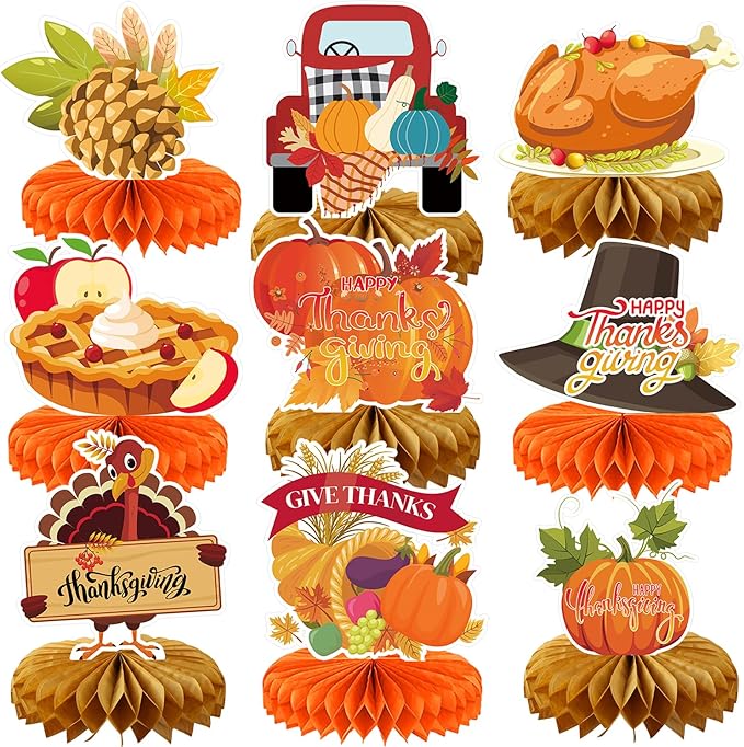 9Pcs Thanksgiving Centerpiece Fall Centerpiece Table Decorations Pumpkin Turkey Honeycomb Thanksgiving Table Centerpiece for Thanksgiving Table Decoration Autumn Theme Birthday Party Supplies