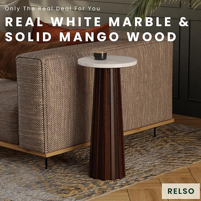 Relso Ma'gro Drink Table – Solid Mango Wood Fluted Base with Real White Marble Top | Farmhouse Accent Side Table for Boho Decor, Bedside, Entryway, Plant Stand, Night Stand & Small Living Spaces