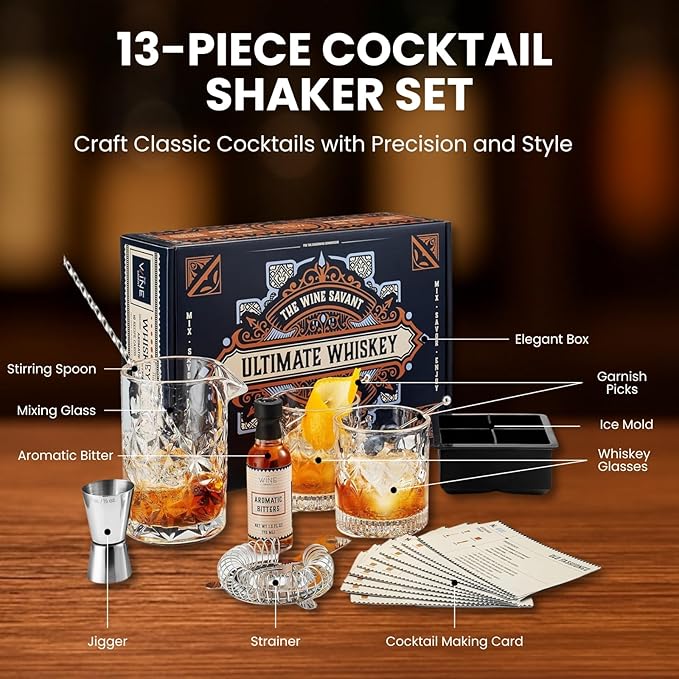 13-Piece Cocktail Shaker Set Bartender Kit+Bitters - Bar Mixing Stir Set with Whiskey Glass, Strainer, Jigger, Garnish Picks, Recipe Cards - Cocktails, Martinis, Manhattans & More