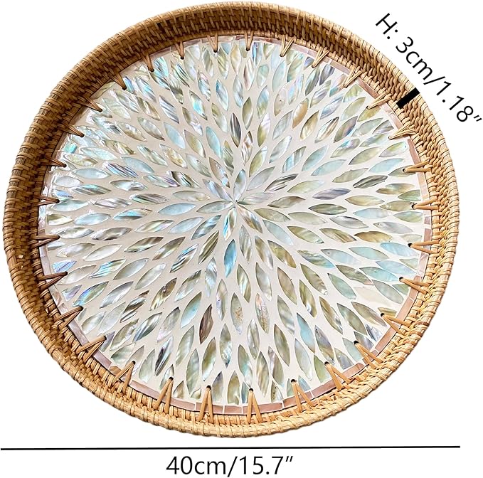 i-lan Mother of Pearl Inlay and Natural Wicker Mixed 16Inch Round Decorative Serving Platter,Rattan Coffee Bread Serving Display Tray with Sea Blue MOP Inlay for Table Decor,Storage of Fruit,Candy.