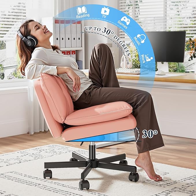 Criss Cross Chair with Wheels and Back,Cross Legged Office Chair with 2-Layer Cushion,Swivel Leather Home Office Desk Chairs Height Adjustable for Make Up,Bedroom,Pink