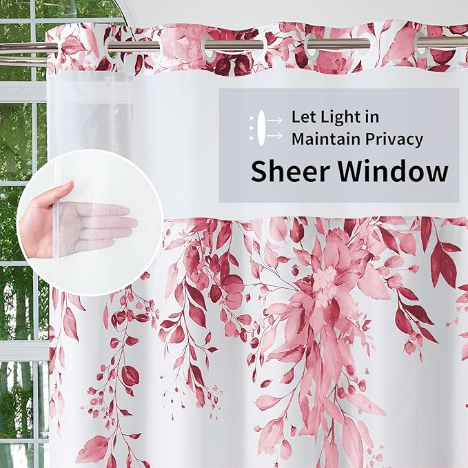 QiyI No Hook Shower Curtain with Snap in Fabric Liner, Pink Eucalyptus Shower Curtain with See Through Top Window, Waterproof Washable Cloth Ringless Shower Curtain Set for Bathroom, 72 x 75
