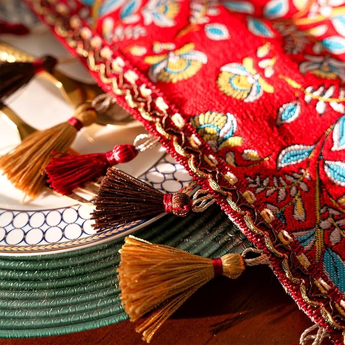 13×72 Inch Table Runner, Retro-Luxury Tassels Series for Kitchen Dining Table Holiday Decoration (Red Branch)